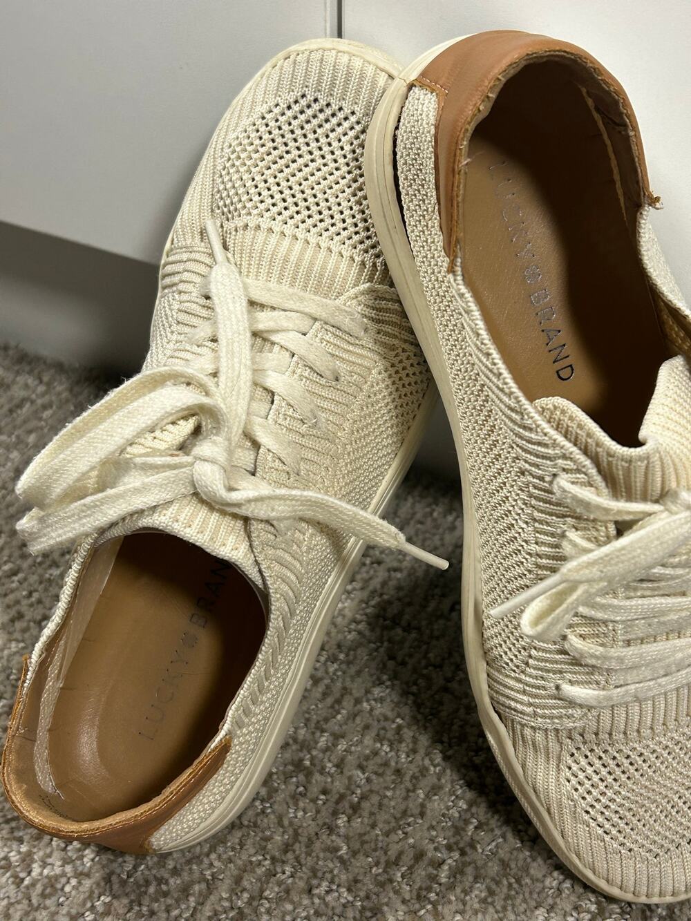 Lucky Brand Mika Knit Sneakers Women’s 7.5 M Ivory Cream Lace Up P-MIKA